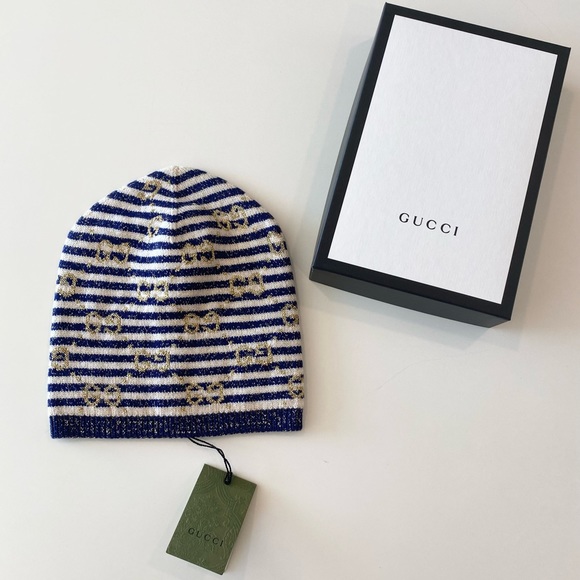 Gucci Beanie Striped GG Logo Blue & White Wool Hat Size main image 7